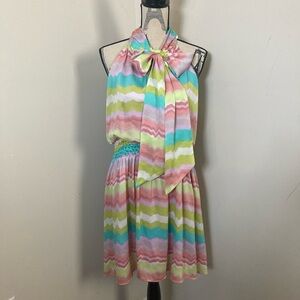 Jessica Simpson Green Pink Pastel Stripes Halter Ribbon Scarf Dress